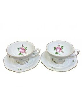 Antique Altenburg Saxony Porcelain Floral Teacups & Saucers Set Germany 1910s